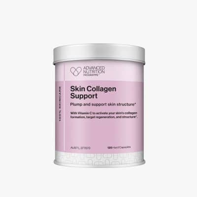 60 Capsules. Packed with a synergy of skin specialist ingredients to build and protect collagen, Skin Collagen Support helps to support collagen production from within for supple, younger-looking skin. This supplement brings together the power of five ingredients to increase skin elasticity, minimise the appearance of fine lines and promote a smoother-looking appearance. Skin type Lines and wrinkles Photo-ageing Scar tissue Skins exposed to environmental attack, e.g. pollution, UV, stress Benefits Supports collagen formation* Plumps and smoothes skin Protects cells from oxidative stress** Supports skin health *Vitamin C contributes to normal collagen formation for the normal function of skin. **Zinc contributes to the maintenance of normal skin and protects cells from oxidative stress.