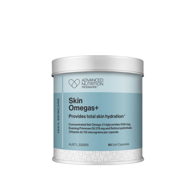 60 Soft Gels. Skin Omegas+ helps to nourish dry skin. Formulated with vitamin A, a key ingredient for skin health, as well as omegas 3 and 6 which are important for skin integrity, a healthy lipid layer and a smooth, luminous complexion. Skin type Dry skin Sensitive skin Inflammation in the skin Problem skin Benefits Our research study showed that over 12 weeks, people saw: 40% improved hydration 36% improved TEWL (skin integrity) 24% reduction in wrinkle depth Deeply nourishes and hydrates the skin from within... Gives skin a luminous glow Targets dry, rough skin all over the body Helps moisturise Suitable for all skin types Sustainably sourced